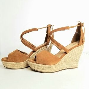 UGG Reagan Peep Toe Suede Jute Platform Espadrille Wedge Tan Brown Sandals, 10